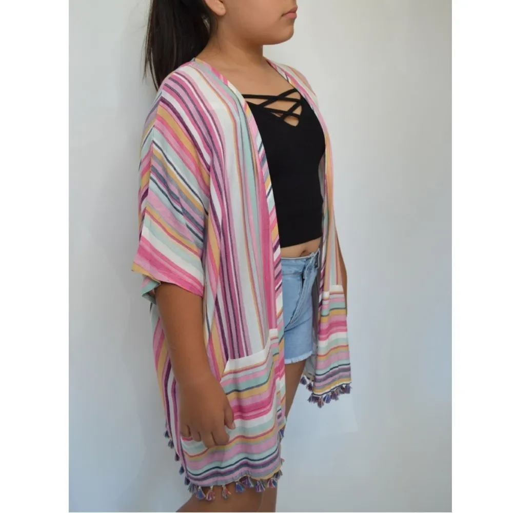 Main Strip Women Pink Striped Summer Beach Tunic Wrap Up Kimono Size Medium - Image 5