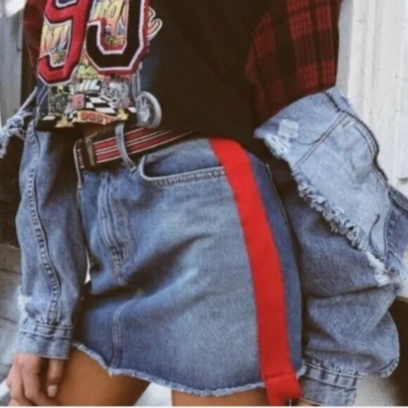 Carmar | Colin Red stripe Raw Hem Denim Mini Skirt Y2K Size 28 Blue - Image 2