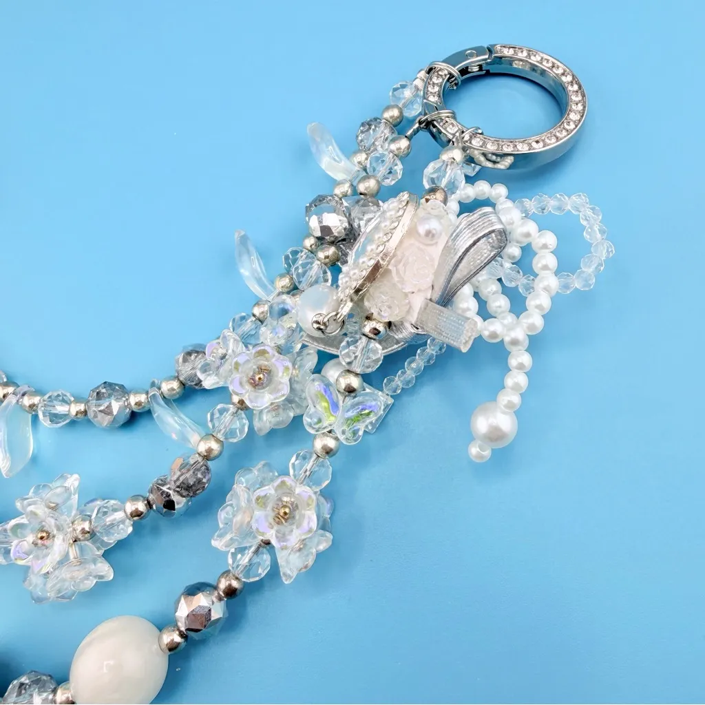 🤍 Luxury Bag/Phone Chain Charm/Keychain Triple-Layer Flowers Fancy Crystal Beads - Image 11