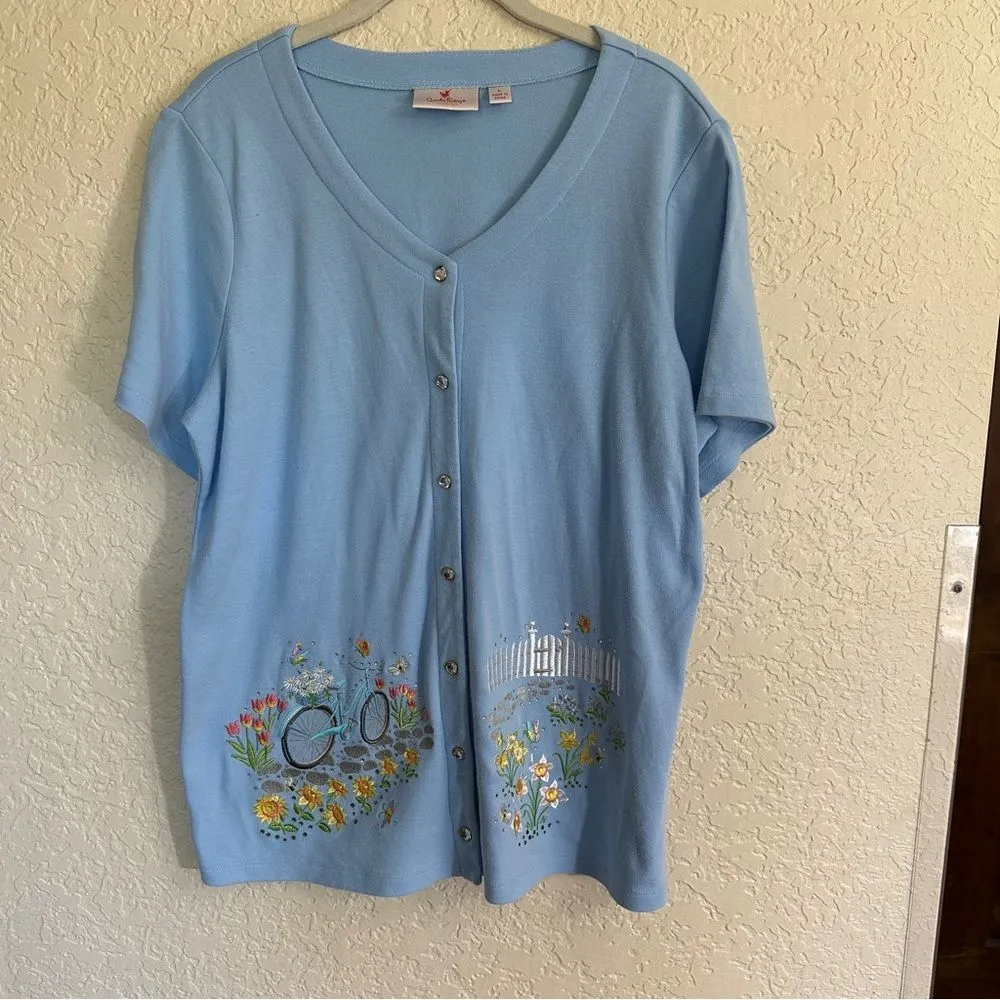 Quacker Factory Springtime Scenes V-Neck  Snap Up Cardigan Light Blue Large‎ - Image 6