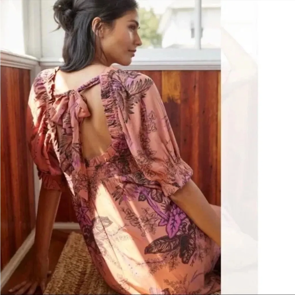 Anthropologie Smocked Bodice Puff Sleeve Clay Bird Print Midi Dress Size Large - Image 3