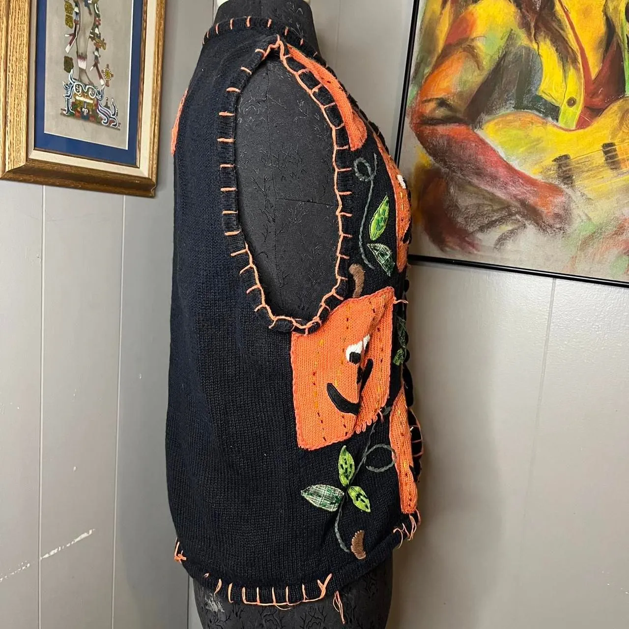 Thrashed Halloween Knit Vest Funky Pumpkins Fun Faces Unique Medium Black - Image 5