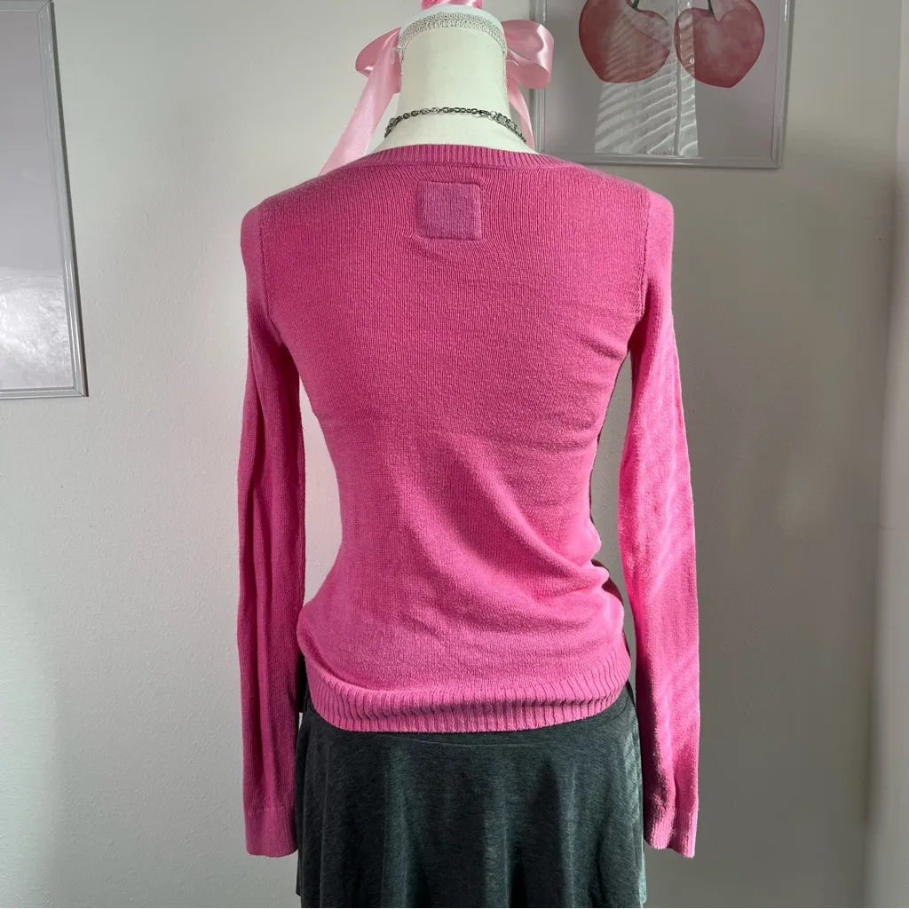 Abercrombie & Fitch Vtg Y2K‎ Pink Green Moose Logo V Knit Sweater Womens Small - Image 4