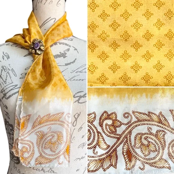 Vintage Yellow Patterned Silk Scarf Organic Scroll - Image 2