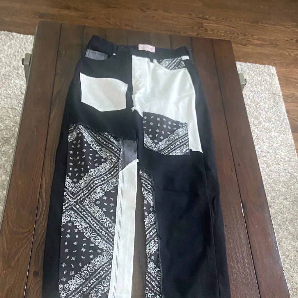 Revice Denim Bandana Patch Black & White Relaxed Fit Pants Women's Size-26 - Image 2
