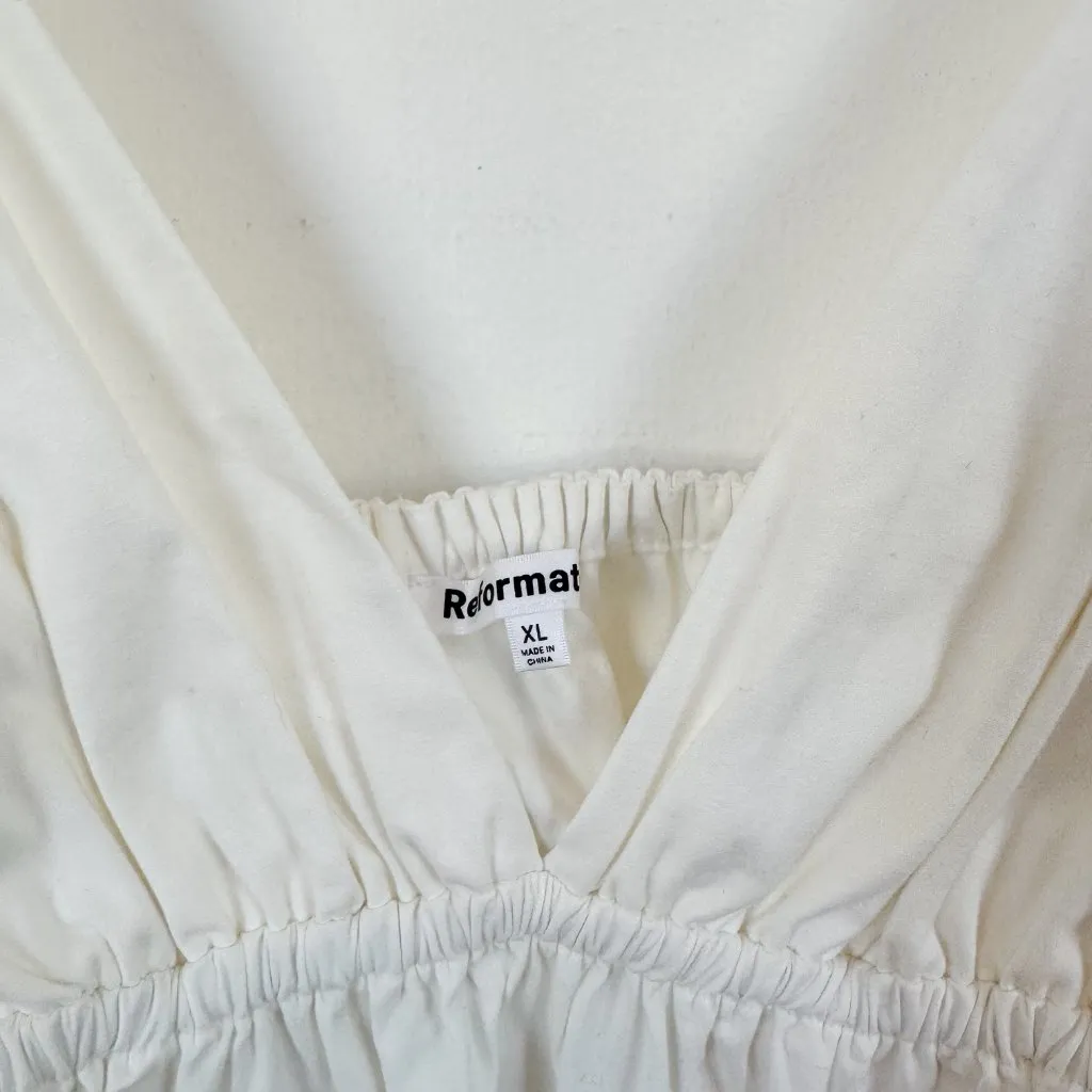 Reformation‎ | Vivien Peplum Cotton Blend V-Neck Top in White - Image 7