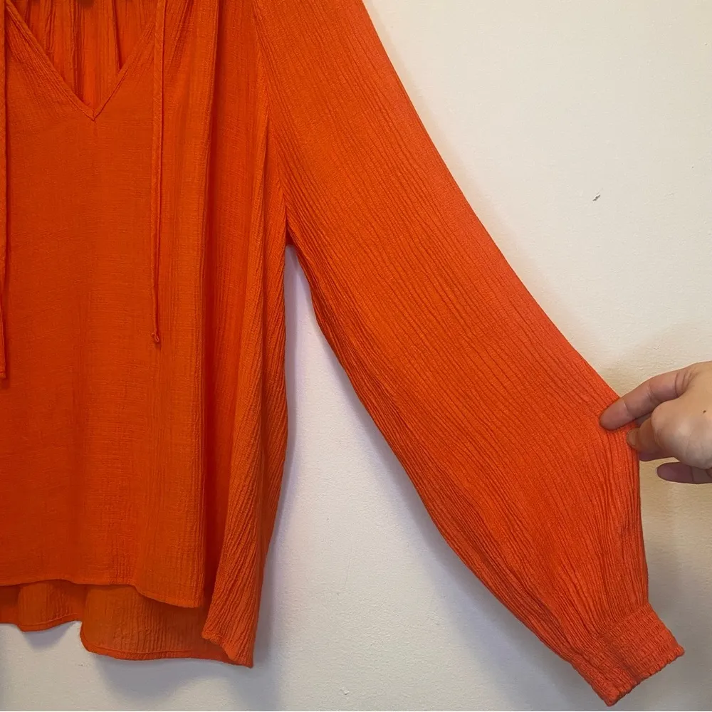 BROCHU WALKER Amaia Tie-Neck Crinkle Blouse in Papaya Orange Sz Medium - Image 7