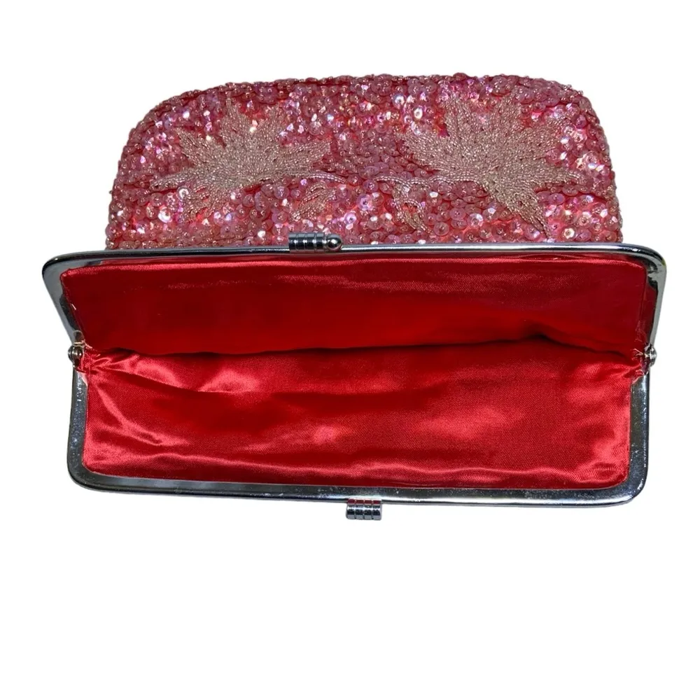 Vintage Beaded Clutch Evening Bag 1960 Sequins Folding Kiss Clasp Strawberry Red Pink - Image 5