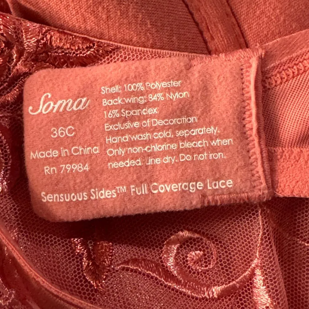 Soma SZ 36C Sensuous Sides Full Coverage Lace Bra Floral Stretch Adjustable Pink - Image 7