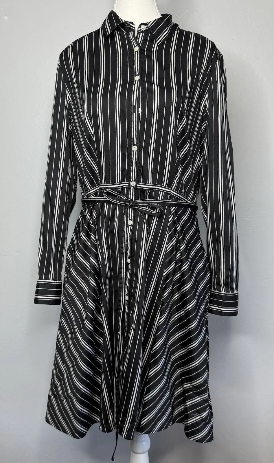 UNTUCKit Willow Black White Striped Shirt Dress Women’s 14 Belted Button Front - Image 1