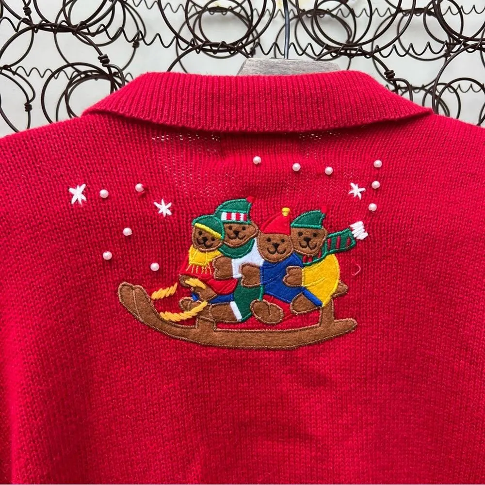 Vintage 90s Ugly Christmas sweater cardigan sledding teddy bears Americana bold Red Size L - Image 4