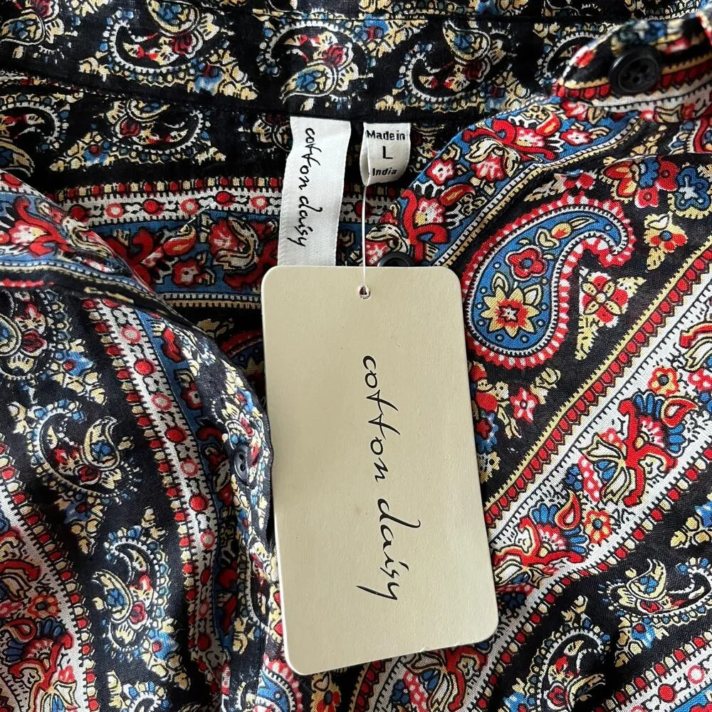 COTTON DAISY Paisley Print Blouse Top Sz L Elastic Waist Buttons Multicolor NEW Black Size L - Image 6