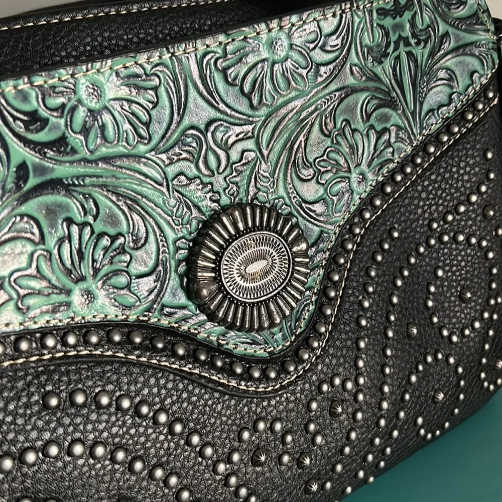 New Trinity Ranch by Montana West Tooled Pebbled Leather Studded Shoulder Bag - Image 8