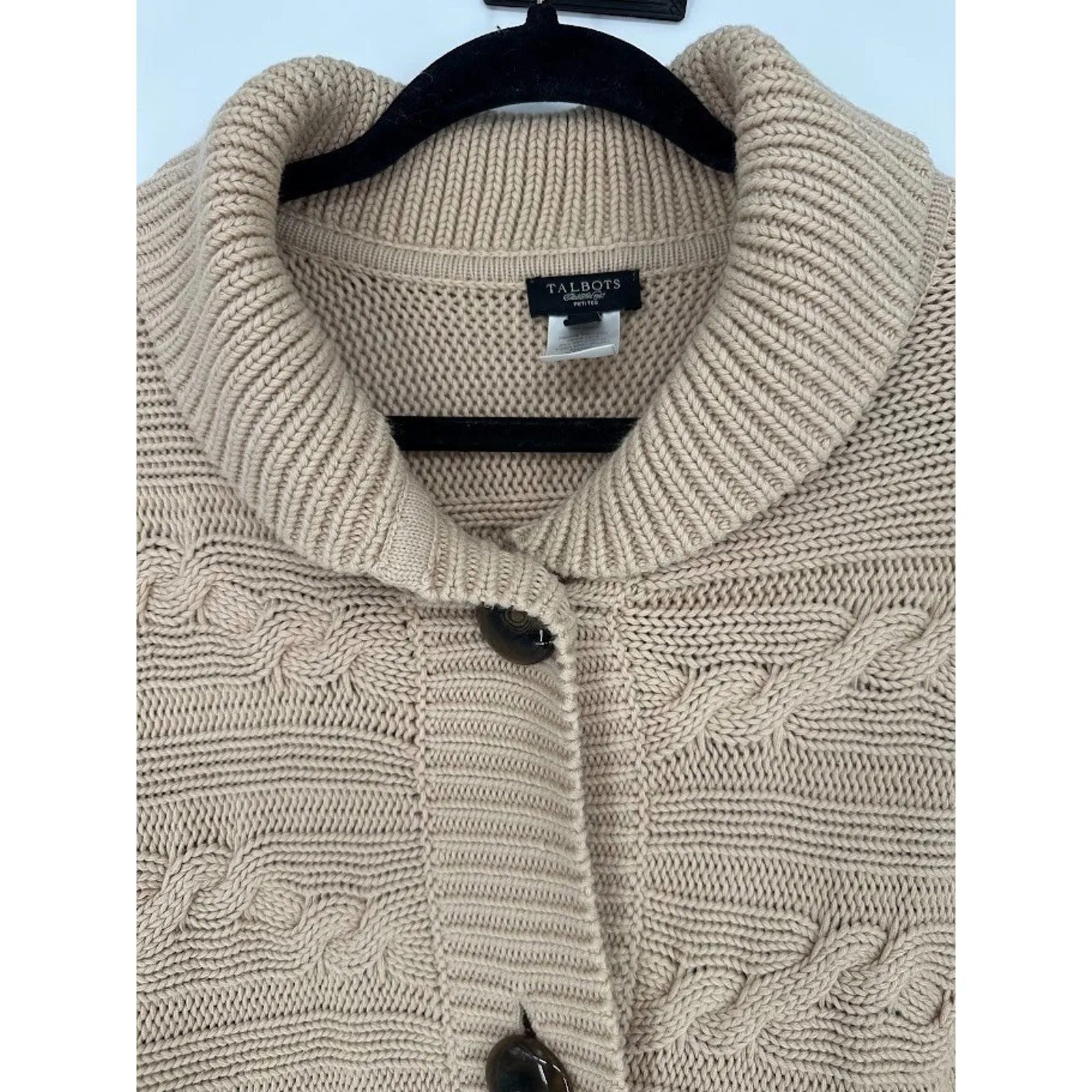 Talbots Sweater Tan Chunky Cable Knit Cardigan Short Sleeve Fisherman Size LP - Image 4