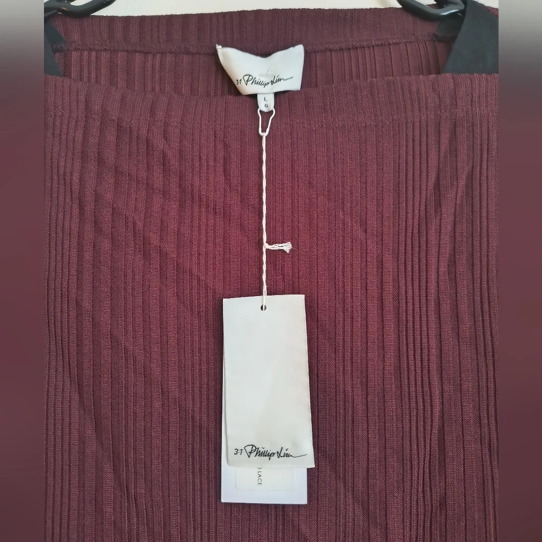 3.1 Phillip Lim Women's Burgundy Black Silk Lace Trim Ribbed Long Sleeve Top L - Image 4