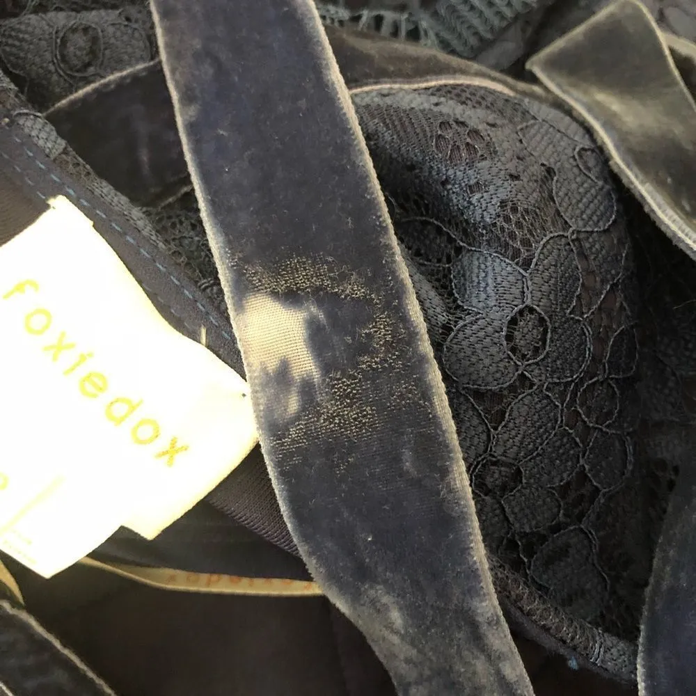 Foxiedox Blue Maisie Lace Velvet Trim Midi Dress Sheer Overlay Sleeveless size 2 - Image 10
