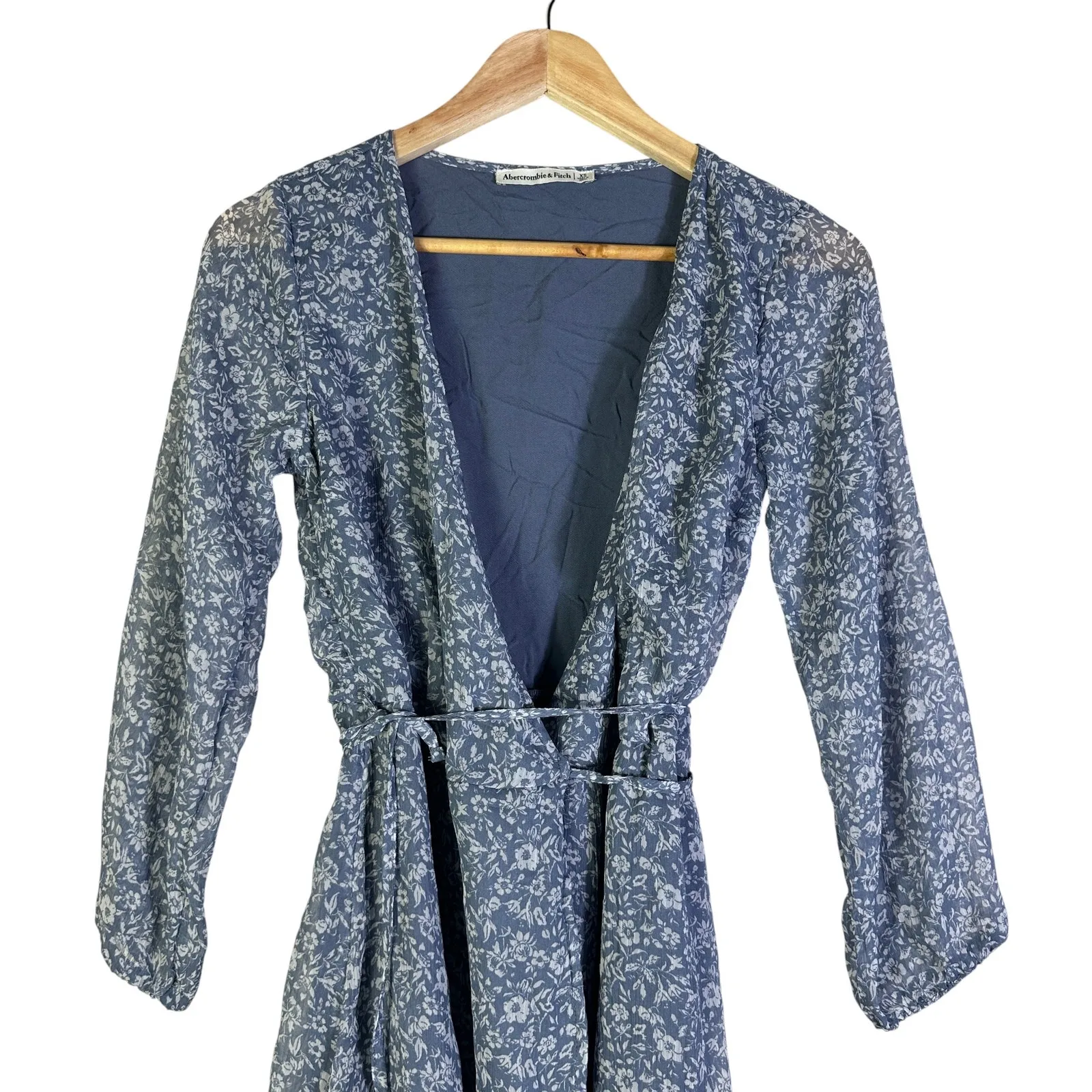 Abercrombie & Fitch Wrap Mini Dress XS Blue Floral Chiffon Sheer 3/4 Sleeve Boho - Image 3