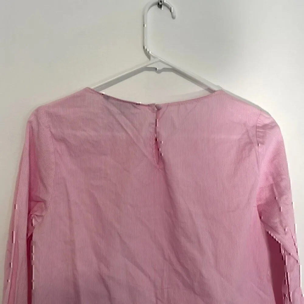 BANANA REPUBLIC Pink White Striped Long Sleeve Bell Sleeve Preppy Cotton Blouse - Image 9