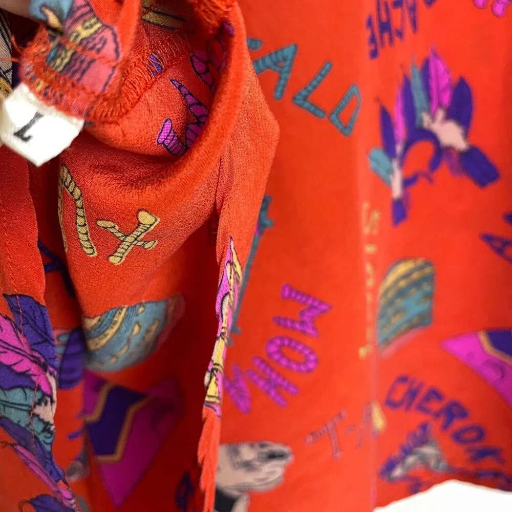 Womens Long Sleeve Silk Shirt Large Red Button Up Tribes Native American Sioux - Image 3