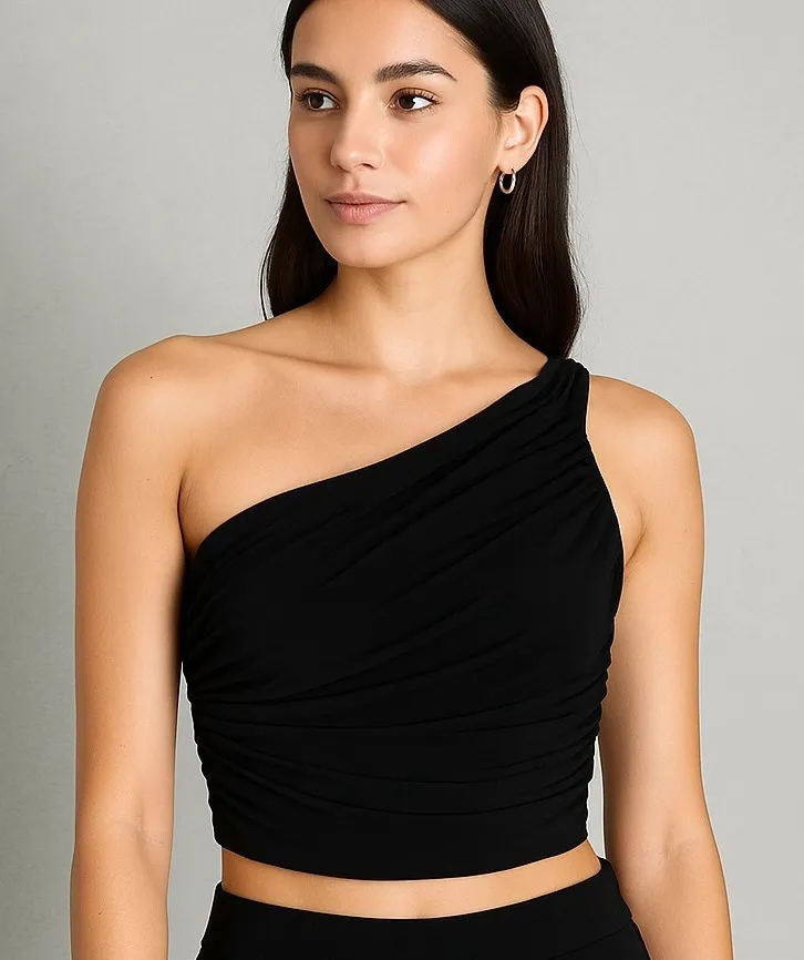 Norma Kamali Diana Crop Top S Black One Shoulder Ruched Asymmetrical Draped - Image 1