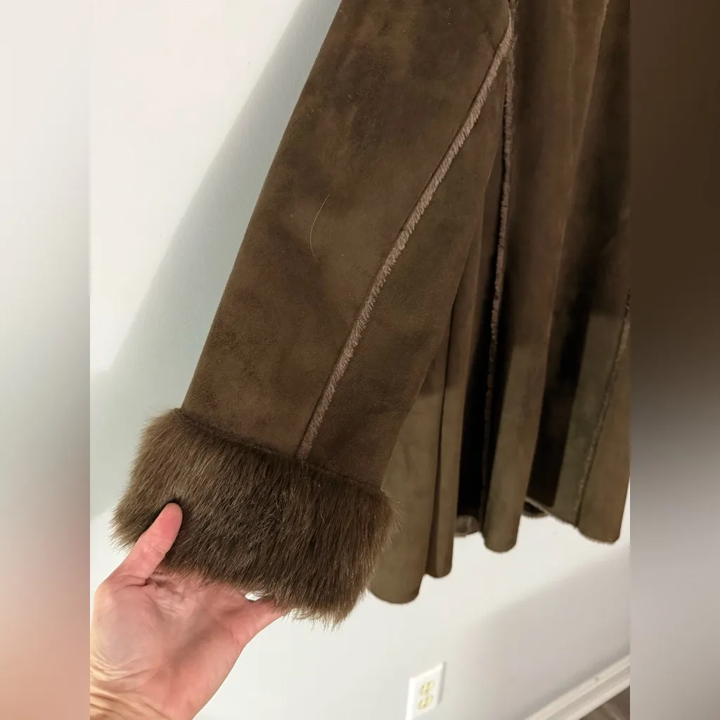 VTG DENNIS BASSO Brown Faux Fur Trimmed Coat Sherpa Warm Boho Eskimo Size XL - Image 12