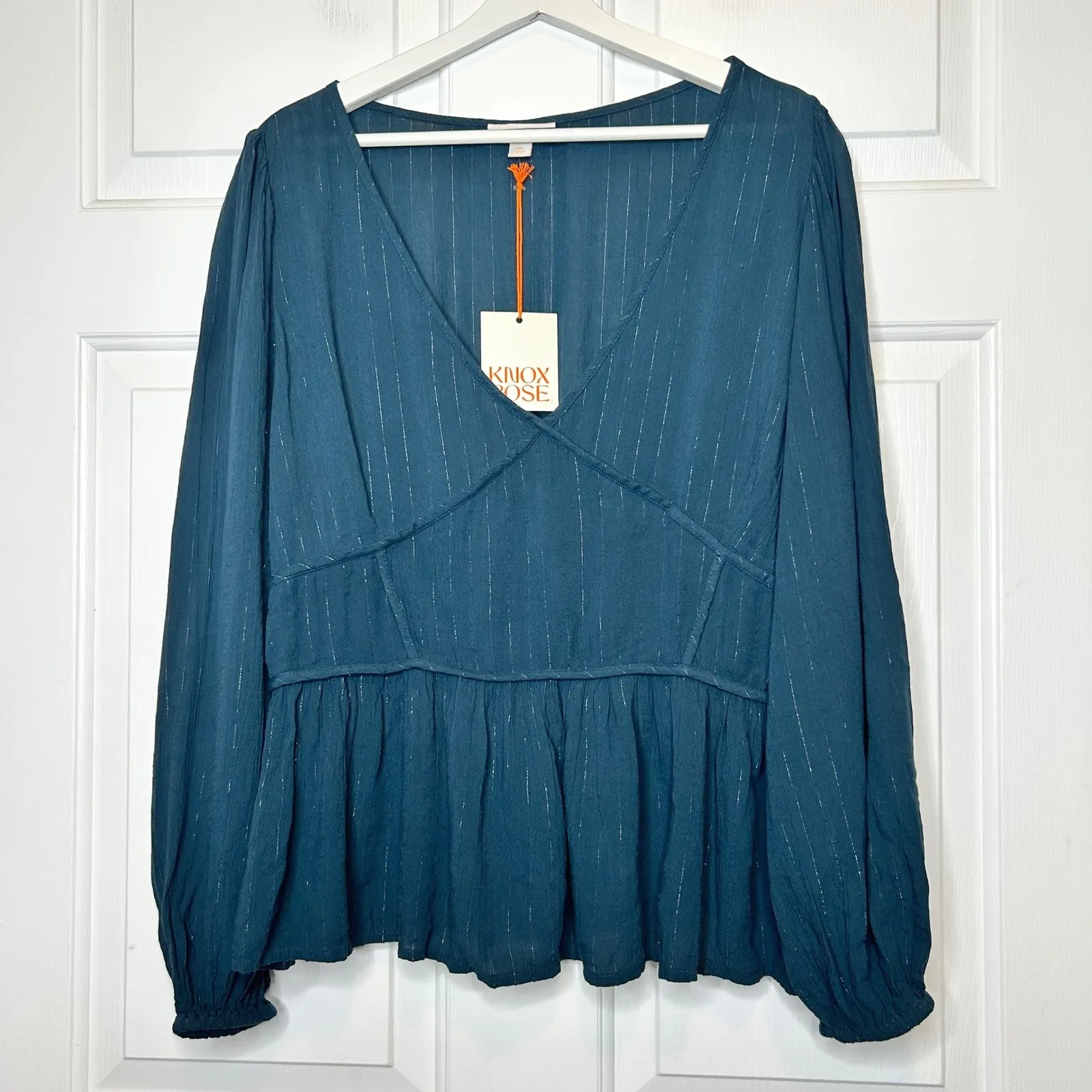 Knox Rose NWT Teal Blue Metallic Stripe Peplum V Neck Long Sleeve Blouse Top XXL - Image 2
