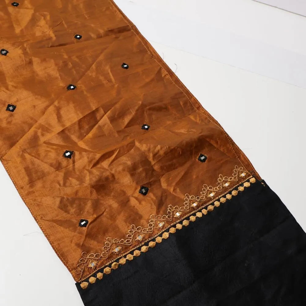 CRC 100% Silk Orange & Black Color Block Scarf Mirror Work Bohemian India Made - Image 3