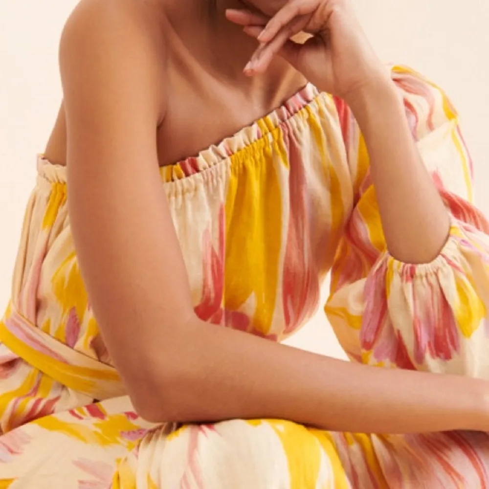 Little Lies Costa Rica One Shoulder Linen Pink Yellow Dress - Image 2