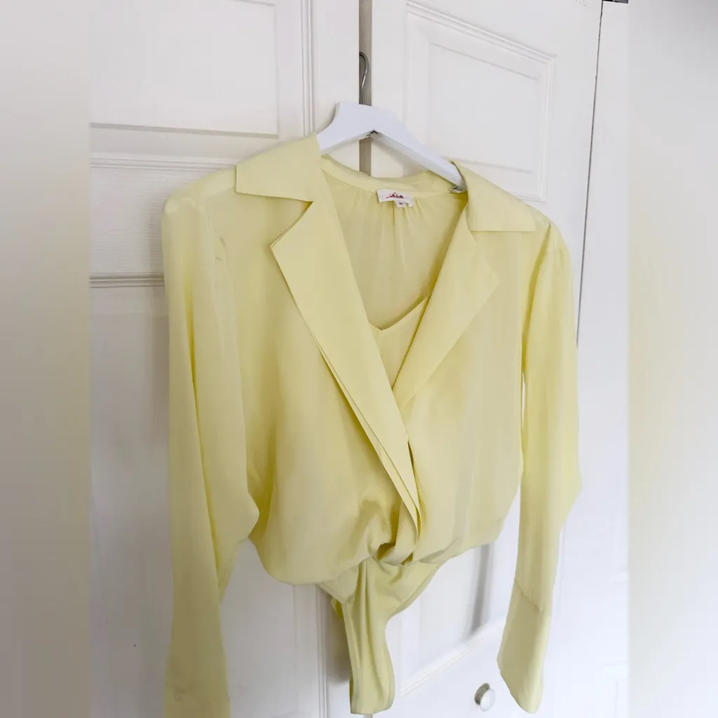 ALC Diana Silk Bodysuit in Canary Yellow Long Sleeve Top Blouse Size 00 FLAWED - Image 7