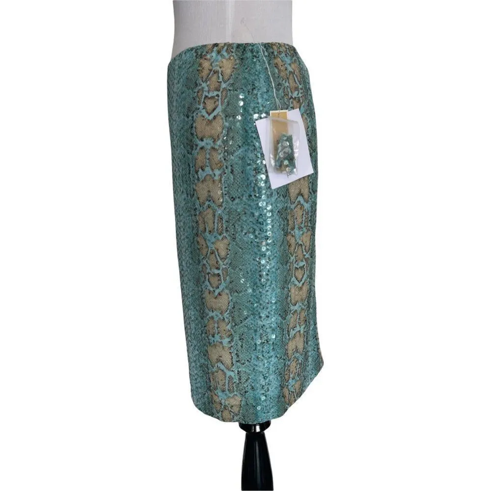 Per Se Sequin Snake Print Straight Skirt Womens Size 4 Green Statement Piece NEW - Image 13