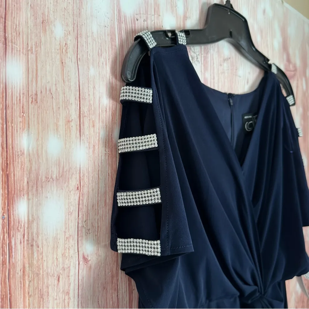 Alex Evenings Embellished Ladder Sleeve Draped Knot Front Gown Navy Blue Size 6P - Image 9