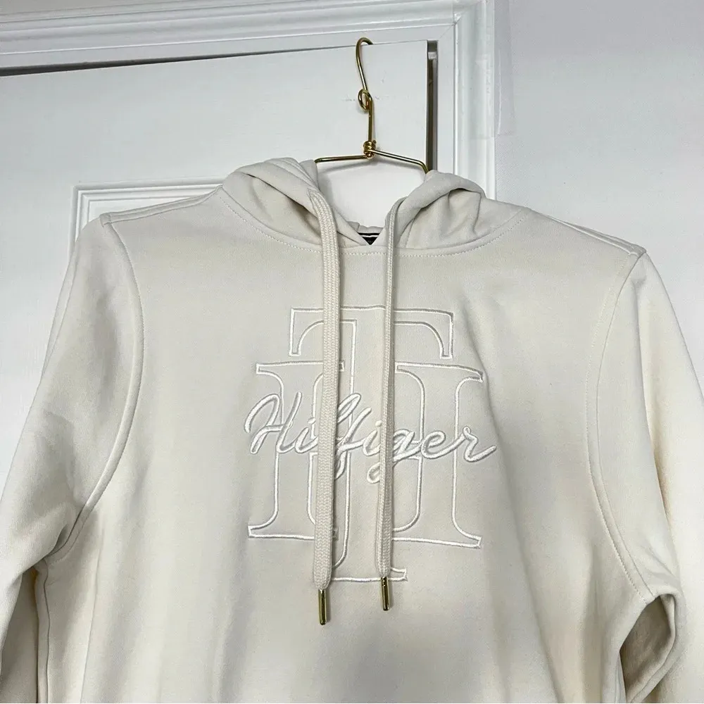 Tommy Hilfiger Hoodie Dress Size Medium Fleece Lined Cream Beige Long Sleeve - Image 5
