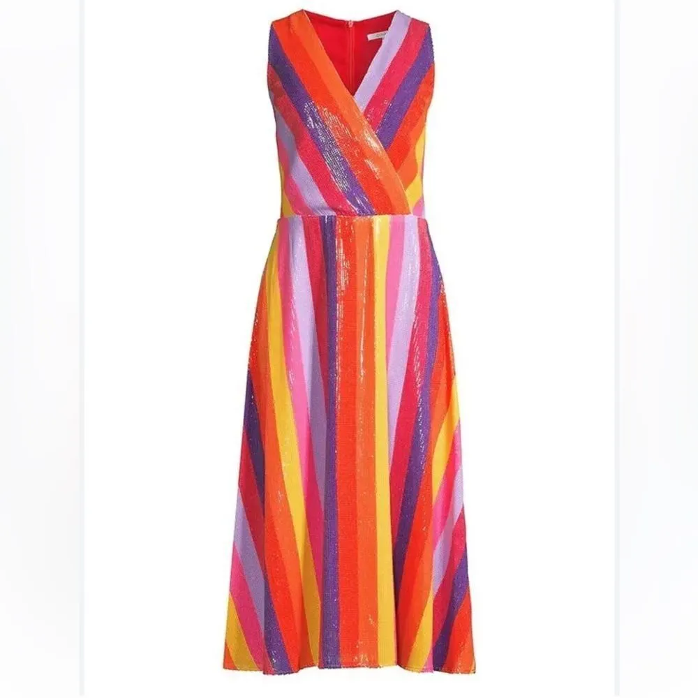 Olivia Rubin Multicolor‎ Thea Sequin Stripe Midi Dress sz 4 Red - Image 2