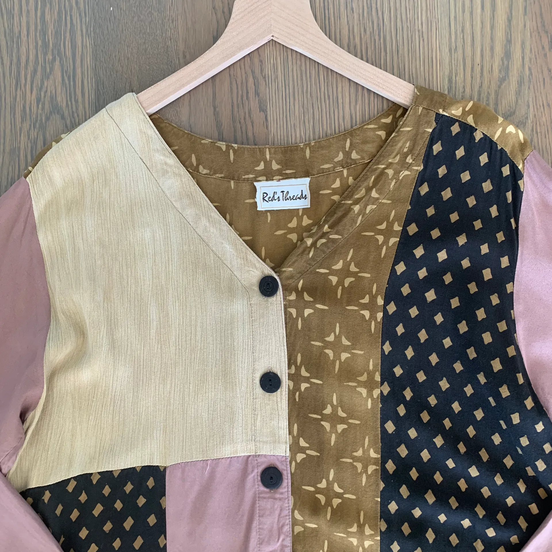 Vintage Red's Threads Patchwork Jacket Dusty Rose/Black/Tan Print Medium - Image 3