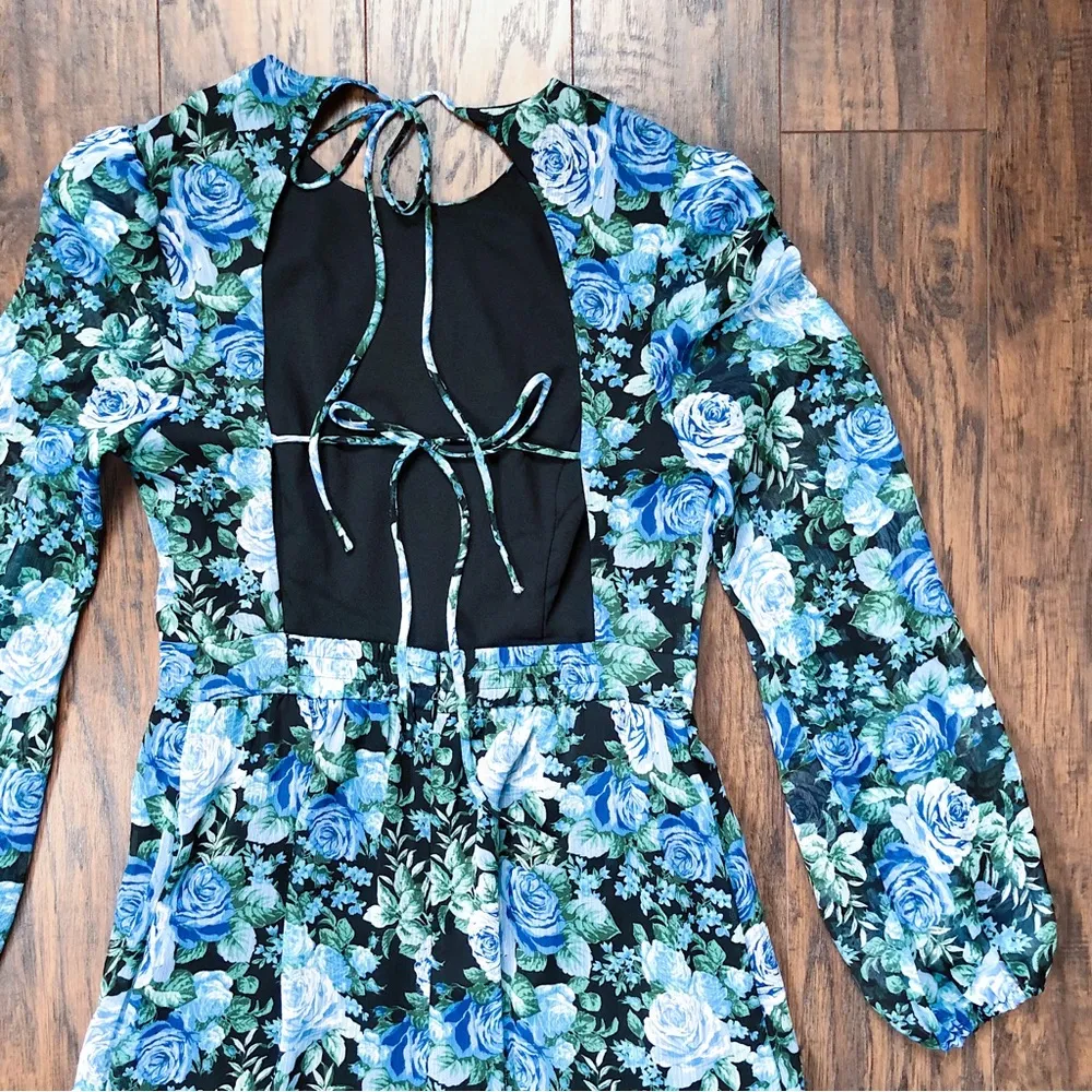 WAYF • Blue Floral Tiered Midi Dress open tie back blouson black rose print - Image 11