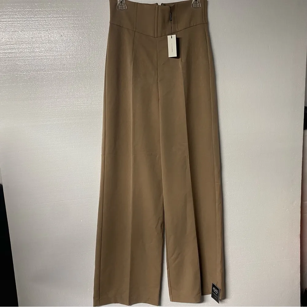 JLUXLABEL Pants Women M High Waisted Tan Wide Leg Trousers Zip Back Business - Image 2