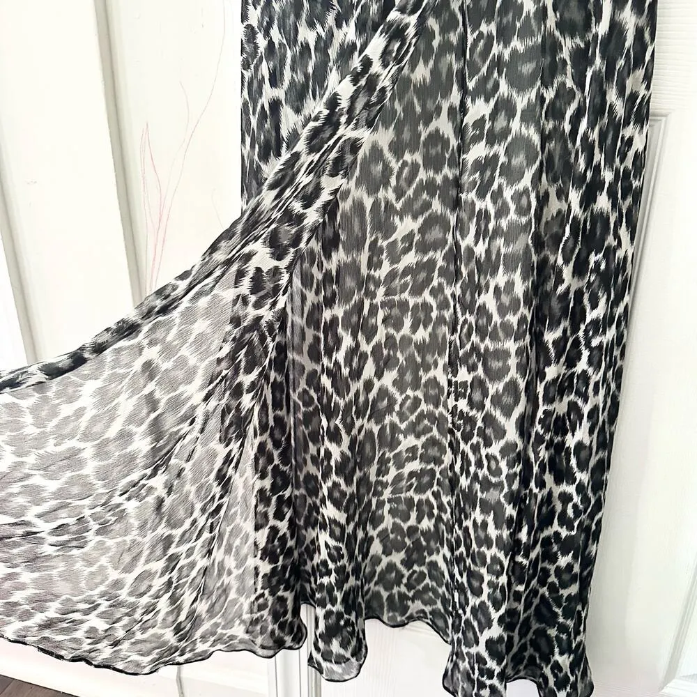 Pinko One Shoulder Grey Leopard Print Open Slit Semi Sheer Long Gown Jewel Waist Gray Size XS - Image 8
