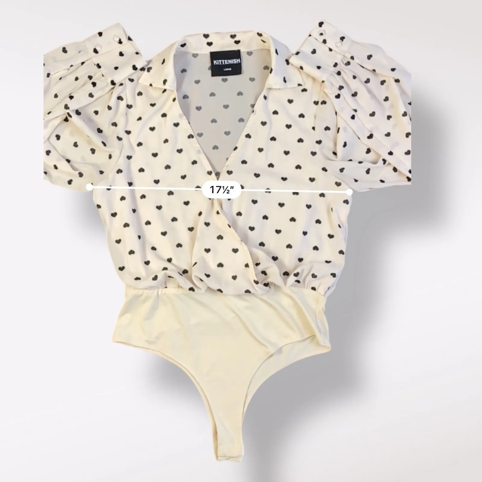 Kittenish Women’s Large Heart‎ Print Bodysuit White Black Wrap Top Long Sleeve - Image 4