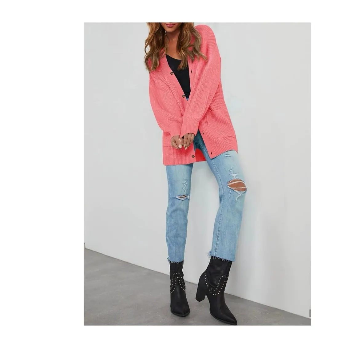 Womens Cardigan Sweater Oversized Chunky Knit Long Front Button with Pockets Pink - Image 5