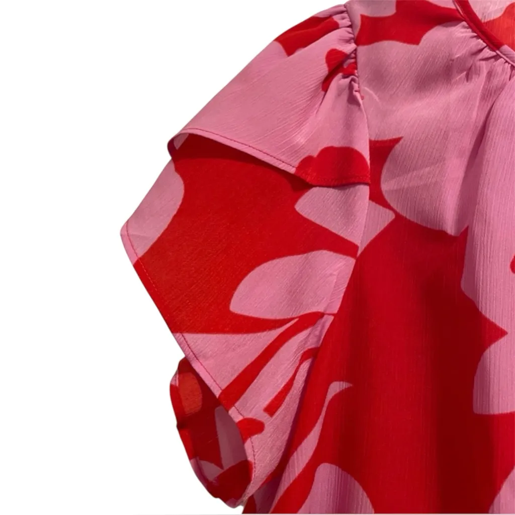 Nine West XL Top Blouse Tulip Sleeve Pink Red Floral Print - Image 2