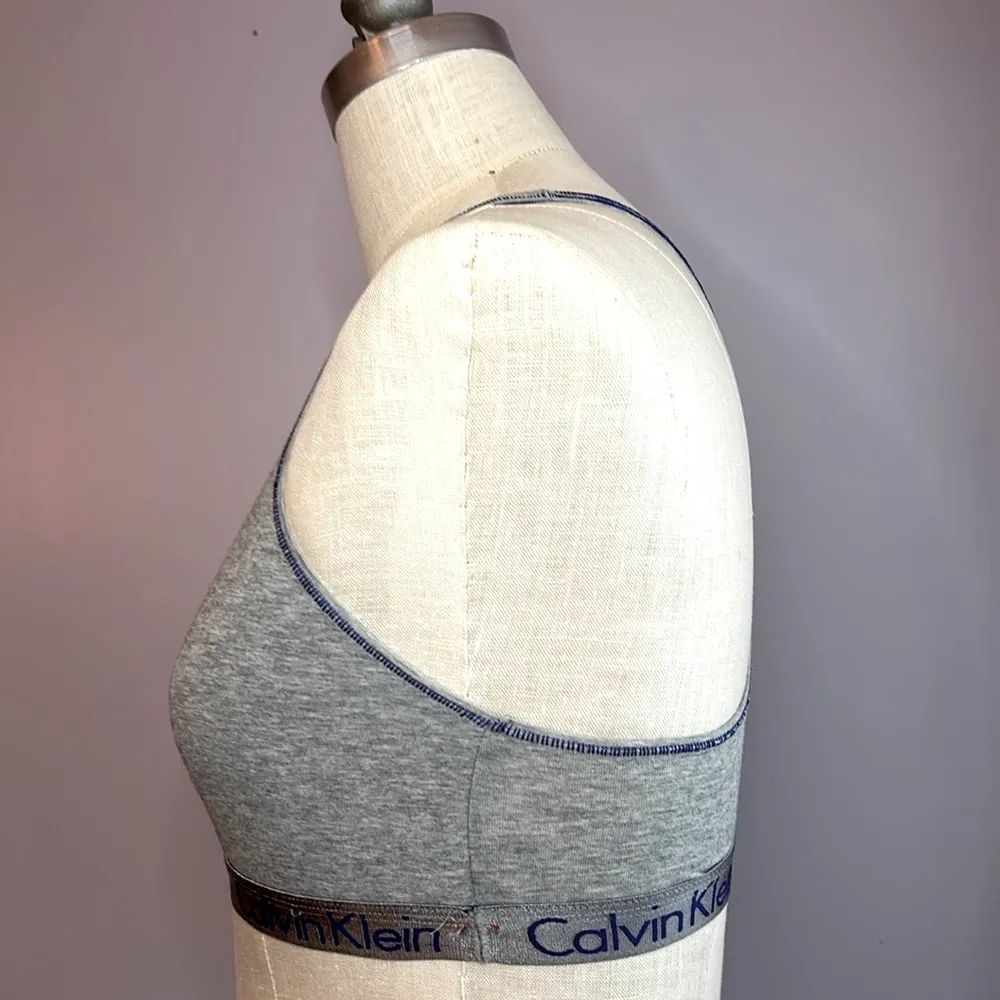 Calvin Klein heather gray blue trim racer back unlined bralette with logo band - Image 3