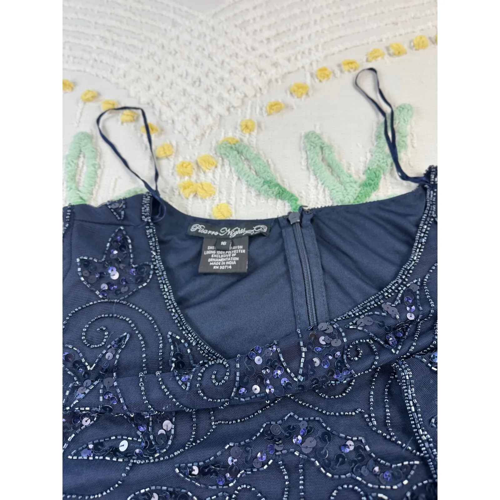 Pisarro Nights Navy Beaded Sequin Gown 16Dress 3/4 Sleeve Formal Evening Wedding Blue Size undefined - Image 11