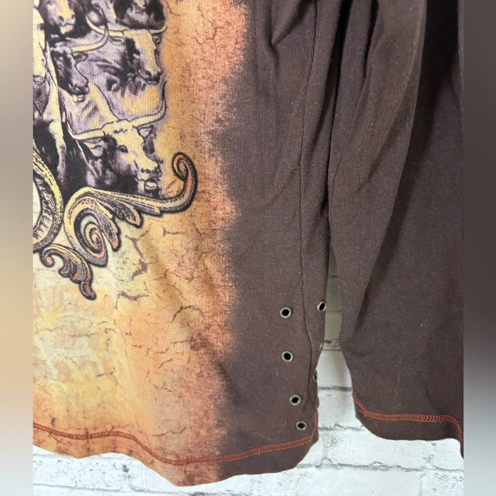 Vintage Susie Couture Brown Western Grommet Long Sleeve Tee Size L - Image 5