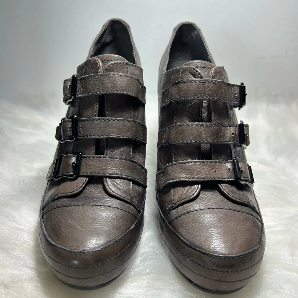 ASH Nina Triple Buckle Heeled Leather Slip-On Booties Brown Size 36 - Image 4