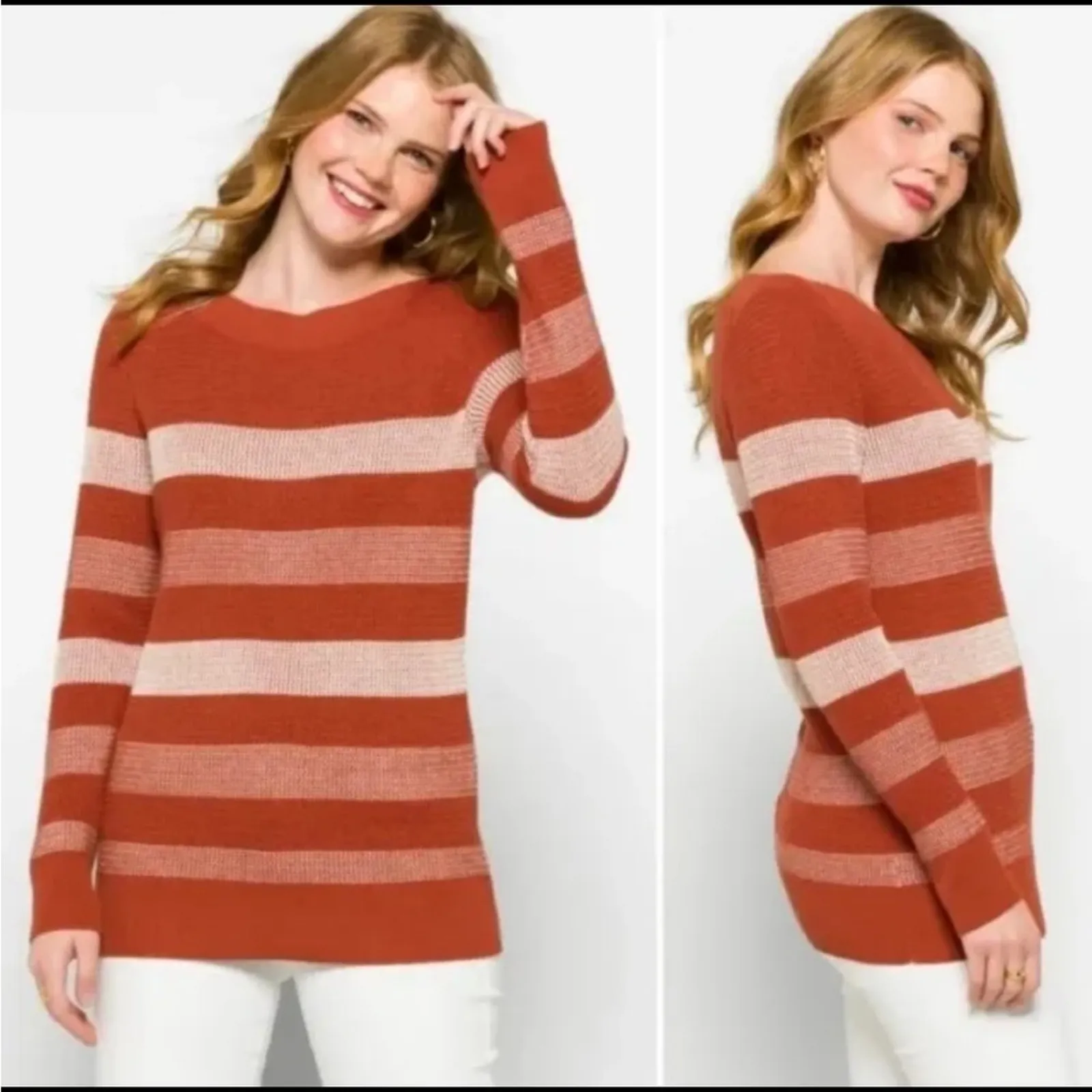 Market & Spruce‎ Tawnee Cotton Blend Rust & White Stripe Waffle Sweater Sz L NEW - Image 2