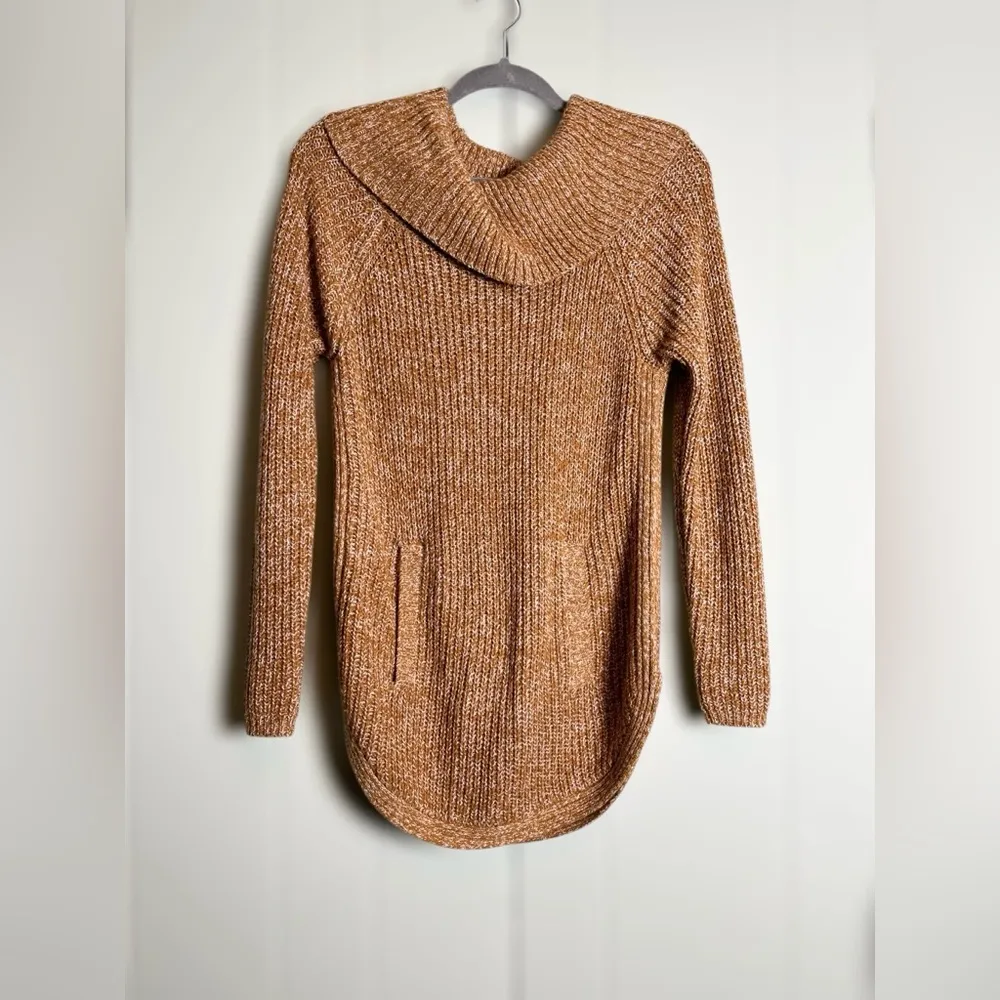 - Gold Chunky Sweater. Cowl Neck. 
Long Length w/ Pockets - Image 7