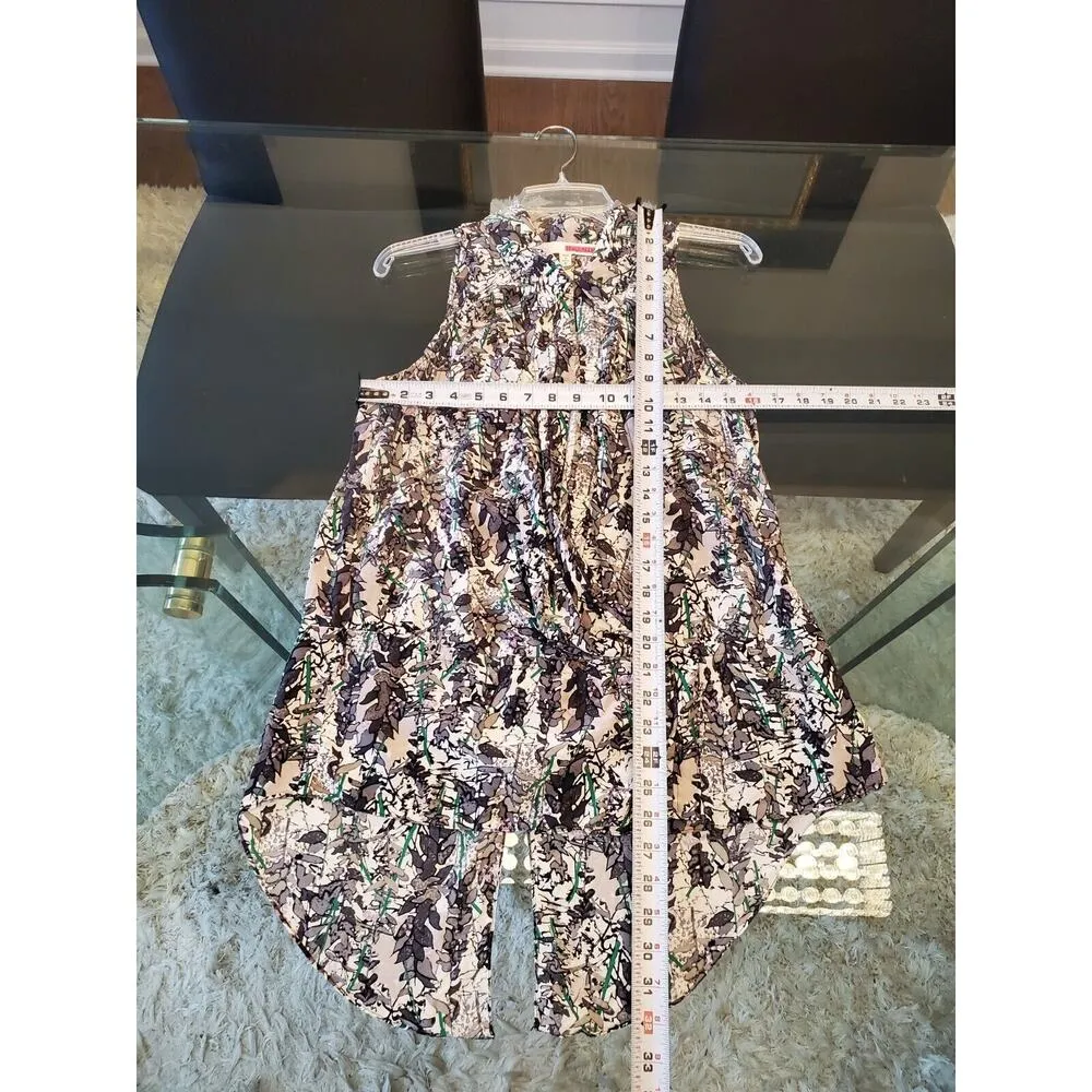 TRACY REESE Women's Gray Green Leaf 100% Silk Drawstring Hook Front Top Blouse M - Image 11