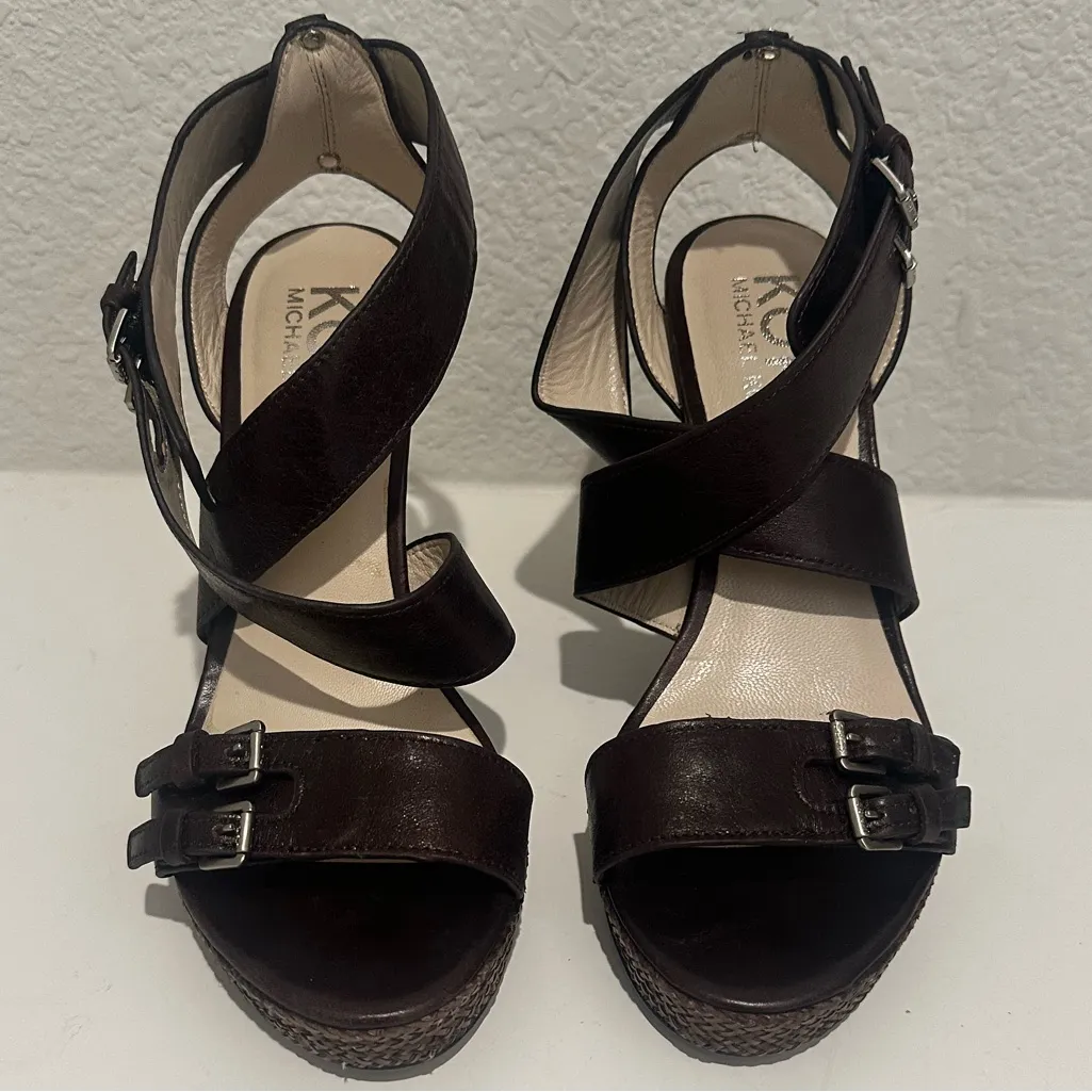 KORS Michael Kors Brown Leather Jute Wedge Sandals Size 8 - Image 2