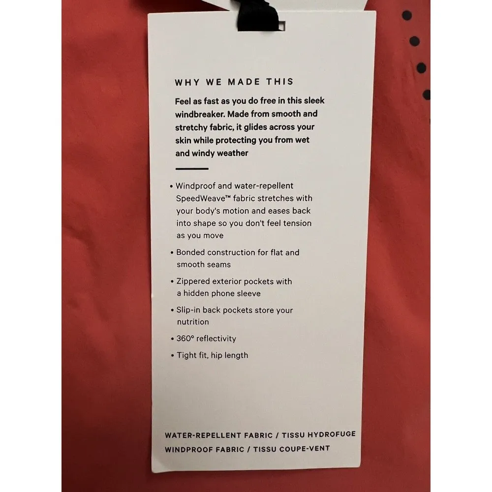 Lululemon Fast Free Running Windbreaker  Size 4 Pale Raspberry Waterproof New - Image 7