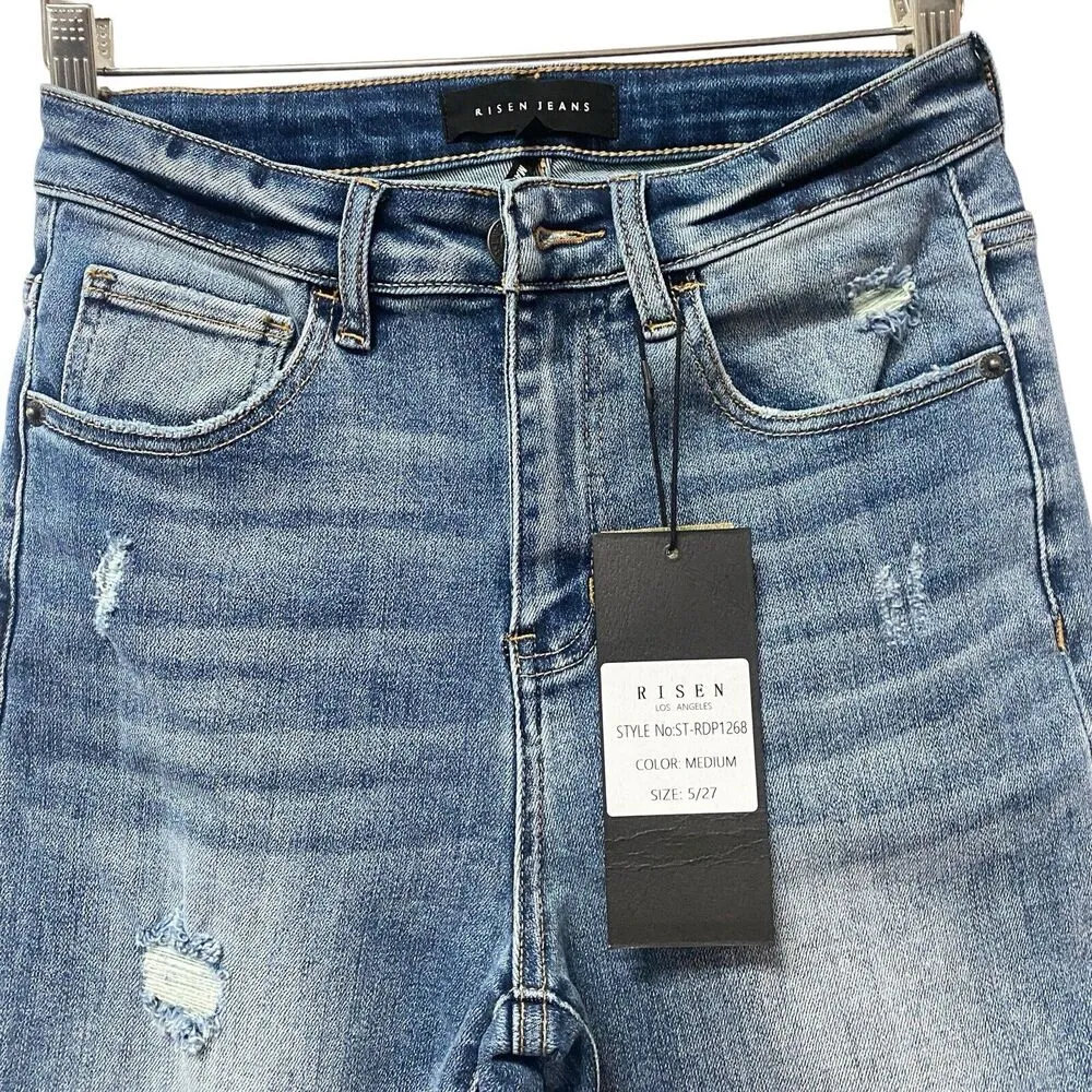 Risen High Rise Crop Flare size 5/27 Medium Wash Distressed Stretch - Image 4